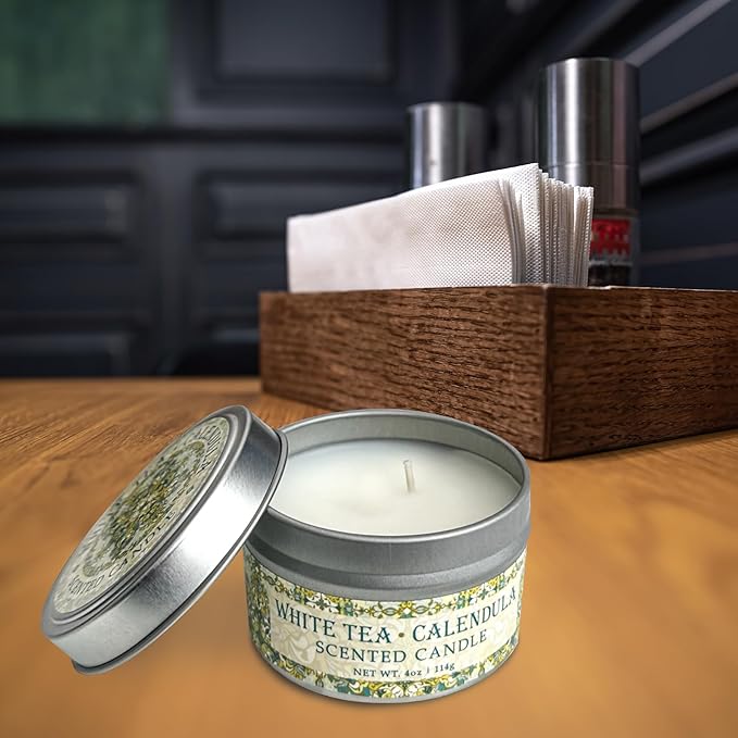 Greenwich Bay Hand-Poured Scented Candle in Decorative Tin – 4 oz/114 g Travel Candle with Lead-Free Wick, Vegetable Wax, Long-Burning Aromatherapy Gift, Single Wick – Made in USA (White Tea)