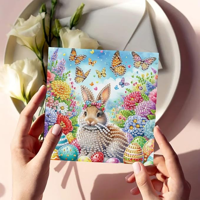 DoxQcs 5D Diamond Art Painting Greeting Cards Kit, DIY Cards for Blessings Congratulations Gifts, Greeting Card Set for Birthday Thanksgiving Day Christmas Halloween-Easter Rabbit