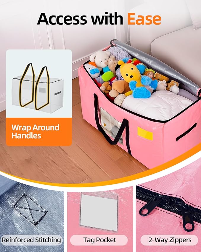 Extra Large Moving Bags, 4 Pack Heavy Duty Storage Bags Boxes Bins Totes with Hnadles Zippers Visible Window for Clothes College Dorm Travel, Pink