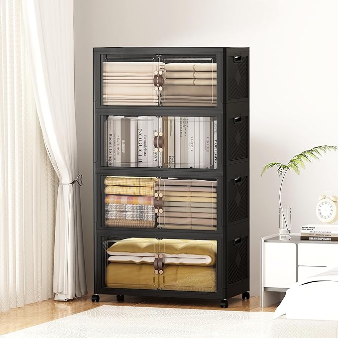 SAILUN 424QT/106Gal Stackable Storage Bins with a Lid, Collapsible Storage Bins With Doors, Folding Cabinet for Home Closet Organization,4 Pack-26 W x 16.5" D x 57.1" H Black