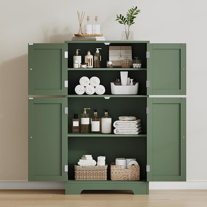 TEENFON Bathroom Cabinet, Narrow Bathroom Storage Cabinet with 5 Adjustable Shelves & Drawer, Freestanding Cupboard for Small Spaces, Green