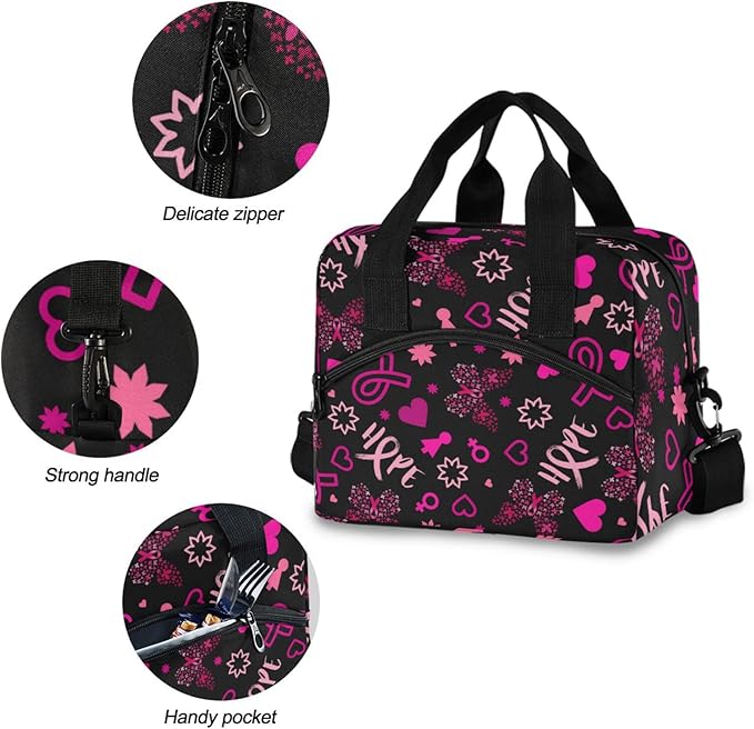 CBBYY Breast Cancer Awareness Butterfly Lunch Bags for Women Men, Reusable Insulated Lunch Box, Adjustable Shoulder Straps Tote Lunch Bag for Work Picnic School