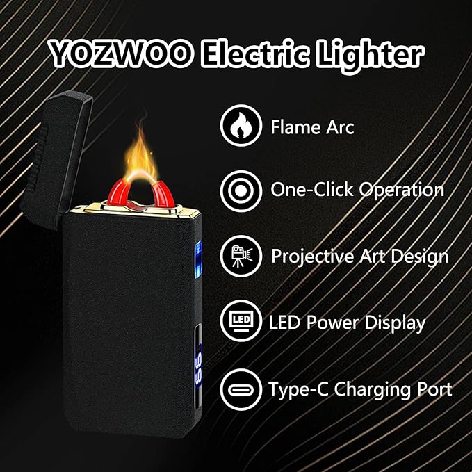 YOZWOO Rechargeable Electric Lighter USB C Electronic Lighters High Power Flame Arc Plasma Lighter Windproof Camping Lighters with Long Battery Life for Home and Outdoor (Frosted Black)