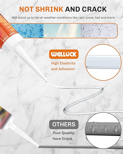 WELLUCK Clear Silicone Caulk, 100% Waterproof Silicone Sealant Adhesive Caulking,for RV, Kitchen,Bathroom, Window, Door, Glass,10.2FL.OZ/300ML (1Pack)