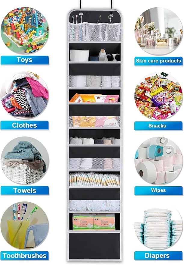 Over the Door Organizer Storage - 5 Tier Hanging Storage shelves Door Organizer with Pockets, Anti Tilt 44 lb Load Behind Door Organizer for Bedroom,Nursery,Bathroom,Kitchen,Dorm,Shoe - 1 Pack, Black