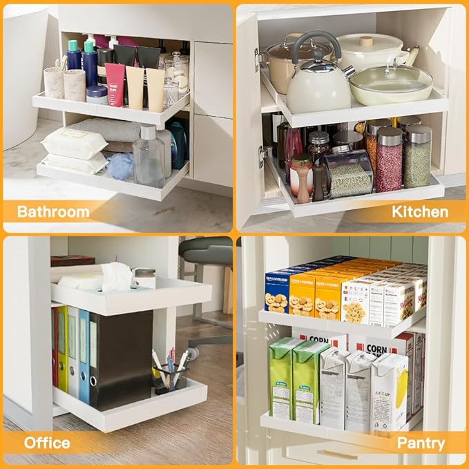 2 Pack Pull Out Cabinet Organizer, 21" Deep Expandable (12.1"-20.4") Slide Out Drawer, 3 Slide Rails Sliding Drawers for Cabinets, Roll out Shelves For Kitchen, Bathroom, Pantry Storage, White