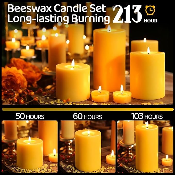 3 Pack Natural Beeswax Pillar Candles-213 Hours Long Burning,Natural Air Purifying Candle,Non-Toxic,Unscented Bees Wax Candle for Dinner Table Centerpieces,Spa,Meditation&Wellness (3x3,3x4,3x6in)