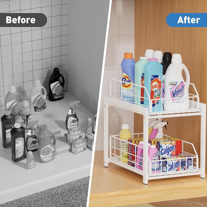2 Tier Sliding Basket Drawer Organizer, Pull Out Under Sink Cabinets Organizers, Metal Home Shelf for Bathroom or Kitchen, Sliding Countertop or Pantry Storage Shelf, White