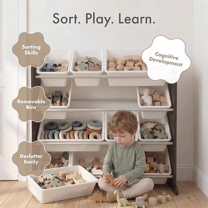 Humble Crew Kids Toy Storage Organizer with 12 Plastic Bins, Espresso/White – Removable Bins for Playroom, Bedroom, Toddler Furniture for Boys and Girls Ages
