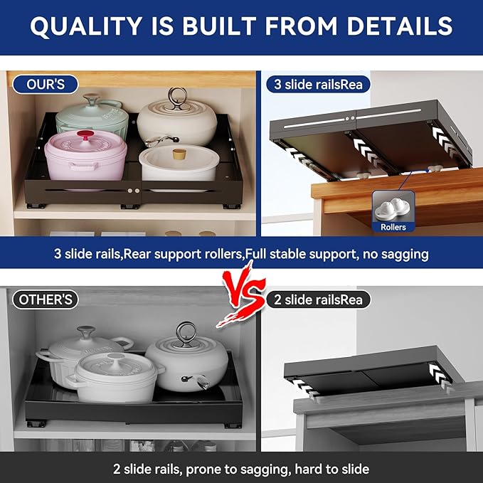 Pull out Cabinet Organizer, Full Metal Expandable Width (14.8"-20.8") & Depth (12.4"-17.7") Adjustable Slide out Drawers, No Drill Adhesive Roll out Shelves for Kitchen Pantry, Black