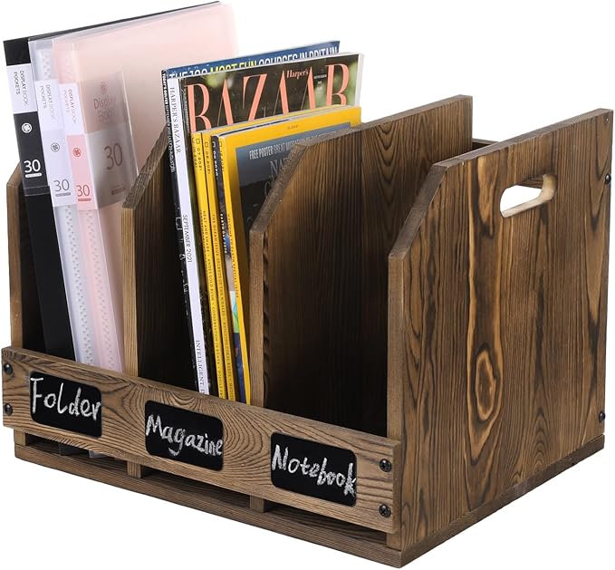 MyGift Office Desktop Document File Folder Rustic Burnt Brown Wood Binder Storage Organizer Rack with 3 Compartments and Chalkboard Labels