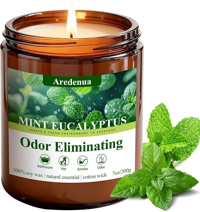 Mint Eucalyptus Odor Eliminating Candles | Eliminates 95% of Pet, Smoke & Bathroom Odors – 7 oz Hand Poured Non-Toxic Soy Candle - Air Freshing Scented Candles - Stress Relief Gifts for Women Men