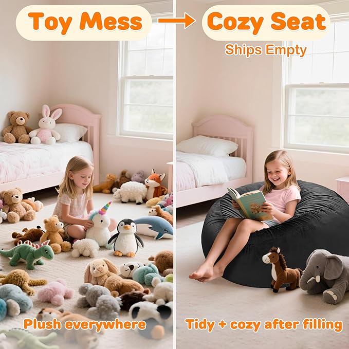 Lukeight Stuffed Animals Storage Bean Bag Chair Cover Only (Ships Empty, No Filling) - Velvet YKK Zipper Beanbag Cover for Toddlers and Kids, Washable Plush Toy Organizer, Large 27" D x 16" H