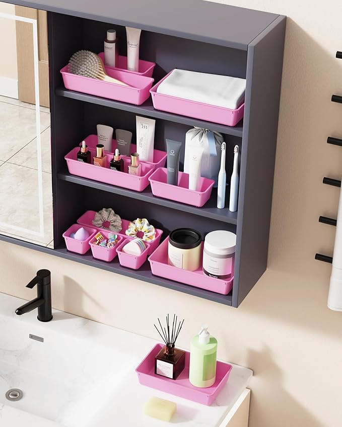BiuLeon 25 PCS Plastic Drawer Organizers Set, 4-Sizes Vanity and Makeup Organizer, Desk and bathroom Drawer Organizer Trays, Organizers and Storage for Makeup, Jewelry, Gadgets, Utensils(Light Purple)