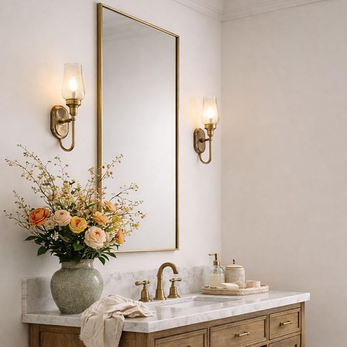 TEHOME Gold Bathroom Vanity Mirror with Squared Corners, 24x36'' Brushed Brass Rectangle Stainless Steel Metal Framed Mirror for Bathroom