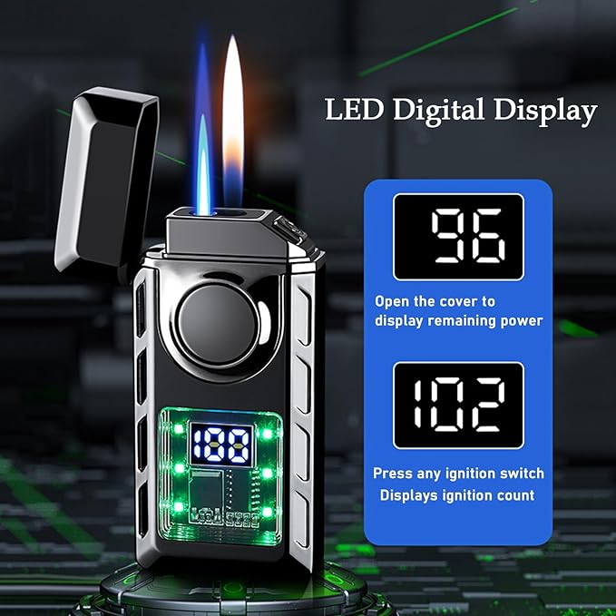 Smart Display Dual Flame Torch Lighter, Transparent Core Electric Lighter with LED Display, Butane Refillable & Type-C Charging, Windproof Jet Flame & Soft Flame Lighter (Without Butane)-Black Ice