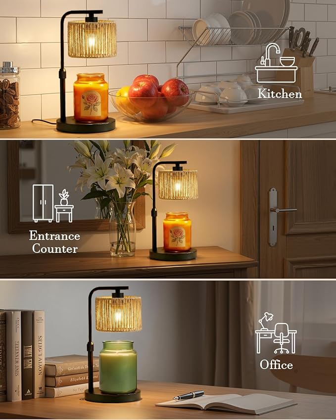 Candle Warmer Lamp, Timer Dimmable Candle Lamp, Adjustable Height and Brightness Black Candle Warmer, Boho Rattan Lampshade and 2 Bulbs, Suitable for Home Decor, Birthday Gifts for Women Mom