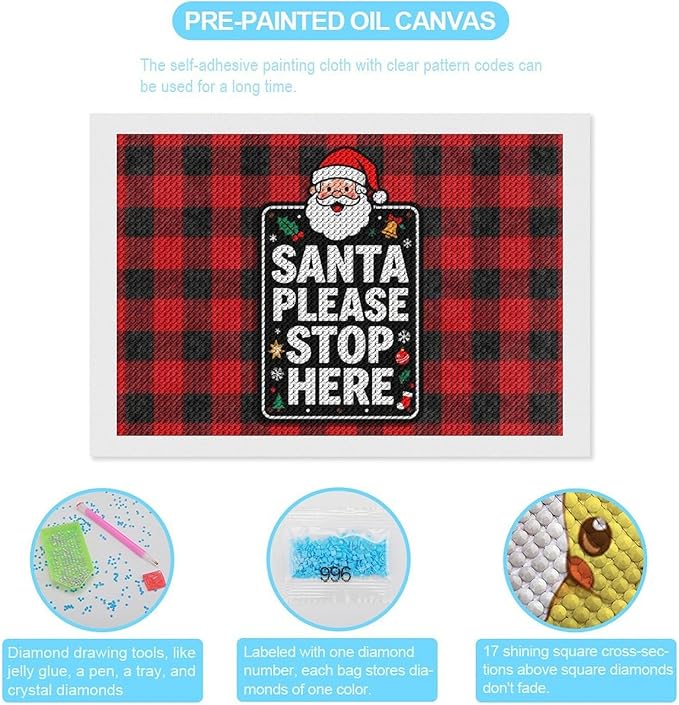 AIVKIEJK Diamond Painting Kits for Adults - Holly & Stars, Santa Please Stop Here Painting DIY 5D Full Drill Diamond Dots Paintings with Diamonds Gem Art and Crafts Home Decor 8"x12"