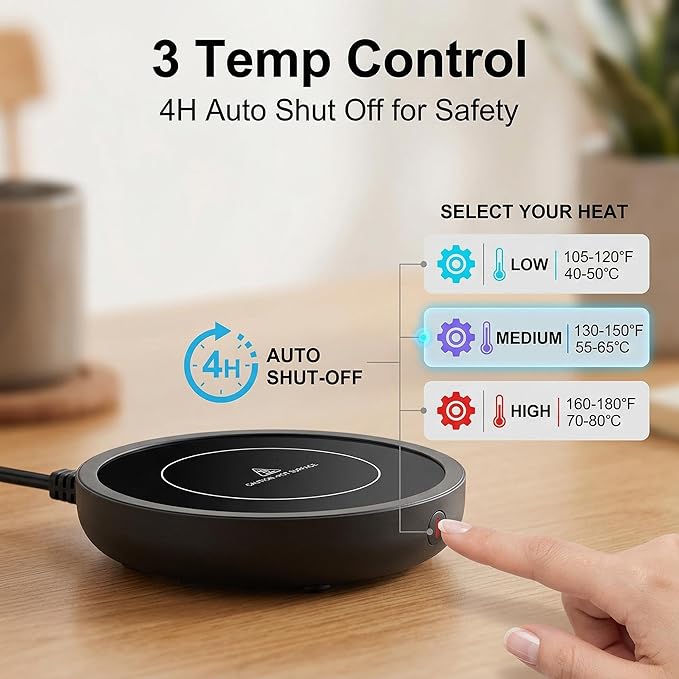 Coffee Mug Warmer, Fastest Heating Temperature, KRGMNHR Coffee Cup Warmer for Desk Auto Shut Off, 3-Temp Settings, Candle Wax Warmer Heating Plate for Coffee, Milk, Tea (Up to 180° F/80 °C), Black