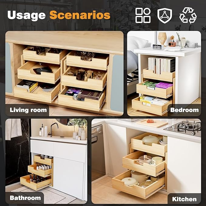 Pull Out Cabinet Organizer, 14''W×21''D Sliding Drawers for Cabinets, 3 Tier Soft Close Slide Out Wooden Pull out Drawers, Base Cabinet Organization for Kitchen, Pantry, Bathroom.