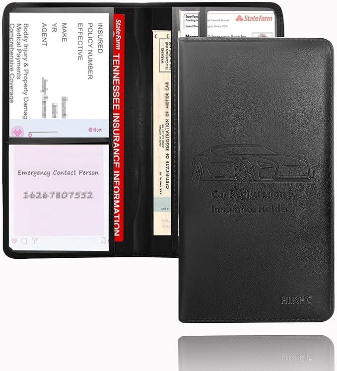 Car Registration and Insurance Card Holder - Leather Vehicle Glove Box Automobile Documents Paperwork Wallet Case Organizer for ID, Driver's License, Key Contact Information Cards - Men&Women, Black