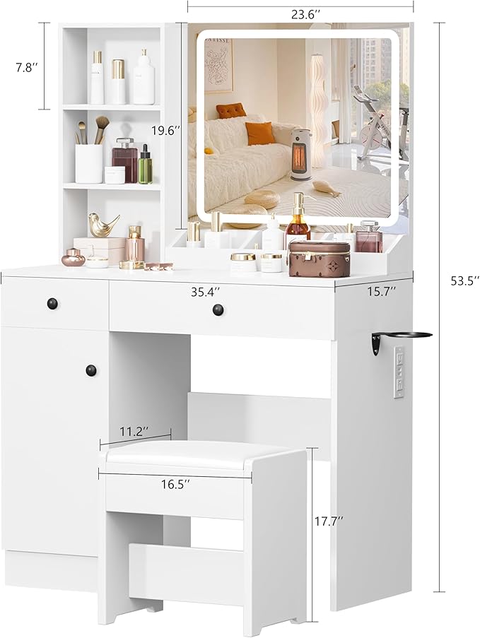 YIKEHOME White Makeup Vanity Desk with Mirror and Lights, Makeup Table with 2 Large Drawers, 3 Color Modes Adjustable Bulb, Power Outlet and Round Holder, Dressing Table for Women Girls Bedroom