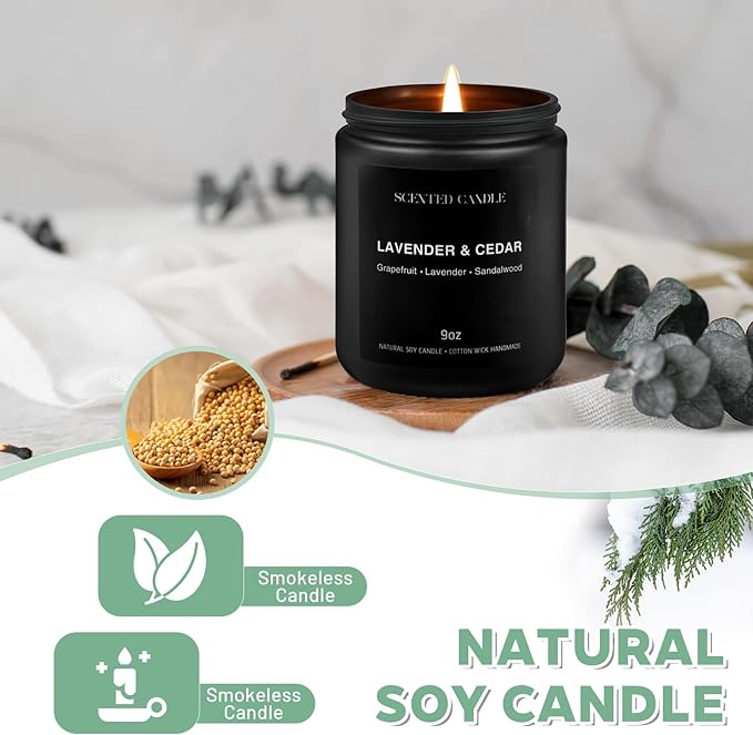 Luxury Lavander & Ceder Scented Candles Gift Set-100% Natural Soy Wax, 50H Clean Burn, Hand-Poured, Relaxing Aromatherapy for Home, Bedroom, Yoga & Spa,9oz-255g