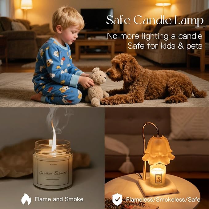 Candeldo Candle Warmer Lamp with Timer: Flower Candle Warming Lamp with Marble Base Height Adjustable Wax Warmer Dimmable Modern Kitchen Bathroom Decor Mom Birthday Gift for Grandma