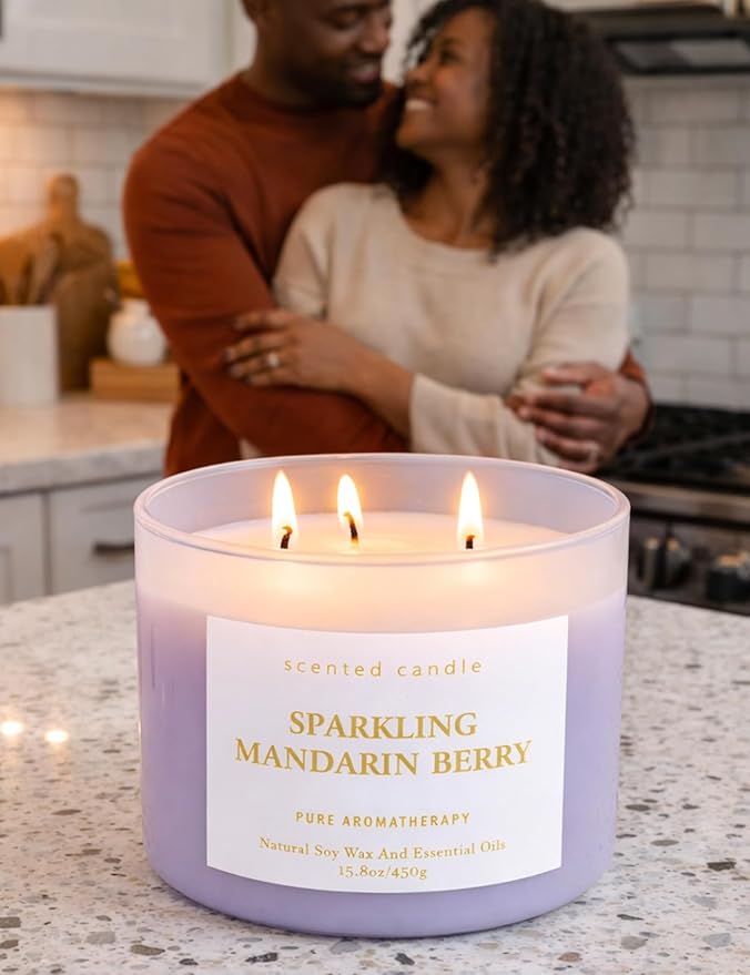 Large Sparkling Mandarin Berry Scented Candle for Home - 3 Wick Soy Candles 15.8oz, Fresh Citrus Aromatherapy Candle, Long Lasting Clean Burning, Uplifting Gift for Women & Men