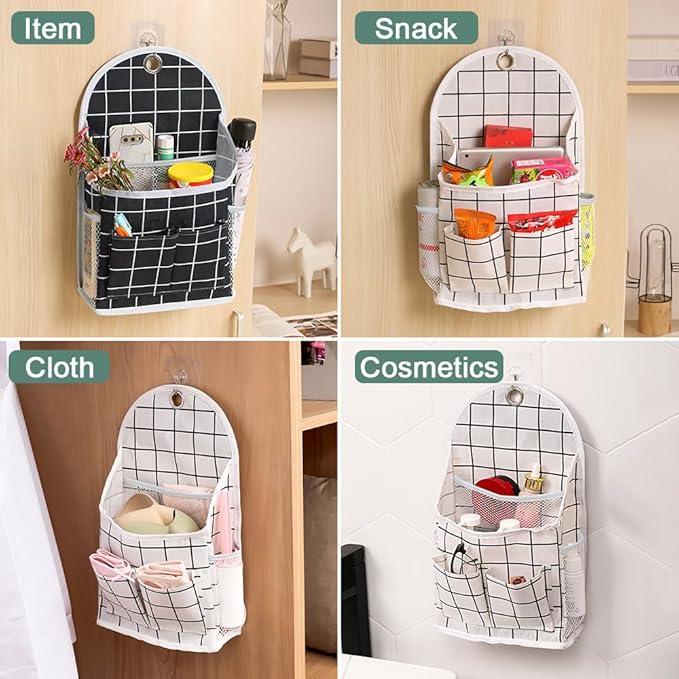 2 Pack Wall Hanging Storage Bag with Pocket, Fabric Organizer Basket with Sticky Hook, Over the Door Caddy Organizer Box for Closet Dormitory Bedroom Bathroom Kitchen (Black Plaid + White Plaid)