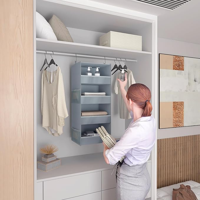 4-Shelf Hanging Closet Organizer and Storage Foldable Hanging Closet Shelves Front Lip Design Washable Hanging Storage, Gray