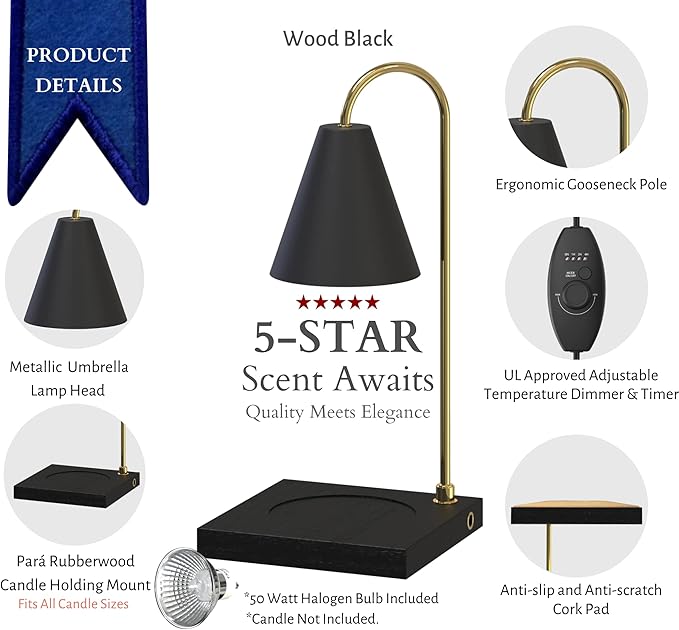 Cozyberry® Candle Warmer Lamp, Timer, Compatible with All Candle Jar, Candle Lamp, Dimmable Melter for Scented Candle, Wax Melt, Small & Large Size Jar Candles (Wood Black, Timer)