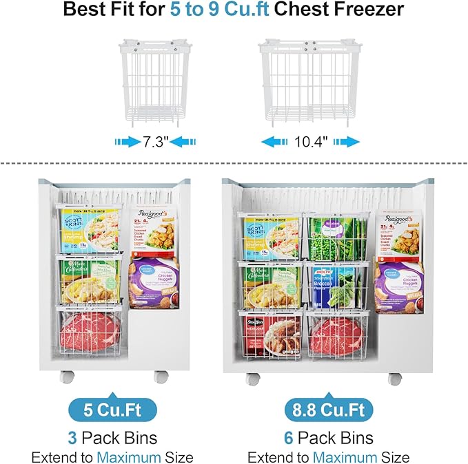 iSPECLE Freezer Organizer Bins - 3 Pack Adjustable Width for 5 to 7 Cu.Ft Chest Freezers, Stackable Freezer Wire Storage Baskets for Deep Freezer Organization, Assembly Required, White