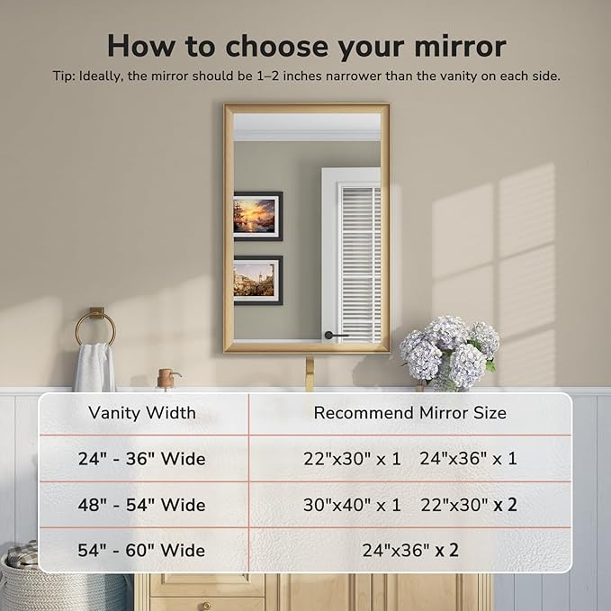 USHOWER Brushed Gold Bathroom Mirrors for Over Sink 24x36 Inch, Metal Framed Rectangle Vanity Mirror for Wall, Bedroom, Living Room, Entryway, Anti-Rust, HD Tempered Glass, Horizontal/Vertical