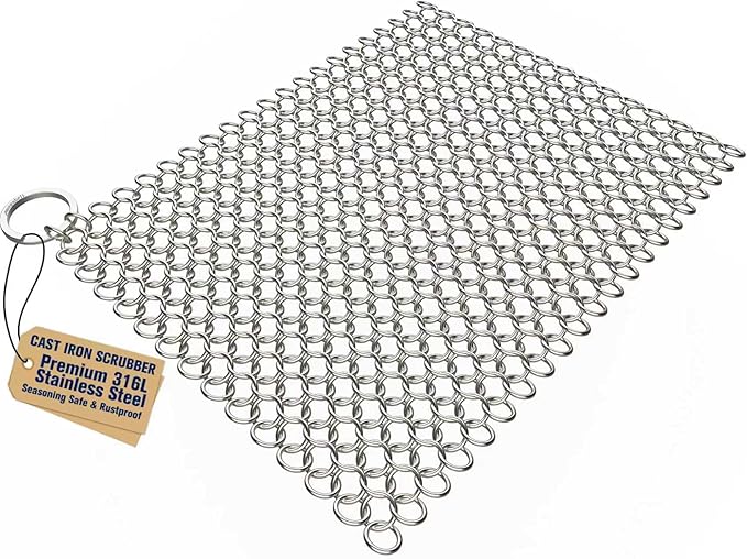 AMAGABELI GARDEN & HOME 8” x 8” 316 Stainless Steel Cast Iron Cleaner Chainmail Scrubber for Cast Iron Pan Skillet Cleaner for Dishes Glass Pre-Seasoned Cast Iron Pot Seasoning Protection BG262