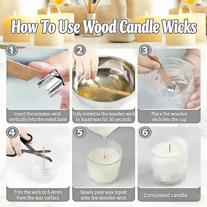 Candle Wick Making Kit, 90 Cotton & 10 Wood Wicks, 4 6 8 Inch Pre-Waxed Cotton Wicks with Wick Holders, Metal Tabs, Stickers, Labels, Twine for Soy, Beeswax, Jar, Pillar Candle Making