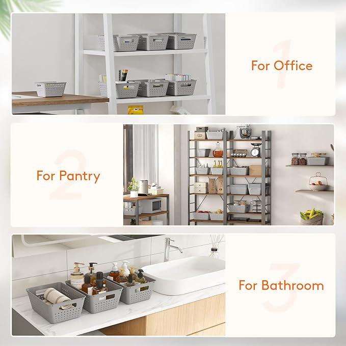 Lifewit Plastic Storage Basket for Organizing, 10 Pack Stackable Open Containers, Multi Size Storage Bins for Shelving, Pantry, Office and Cabinet, 6 Large and 4 Small Size, Gray