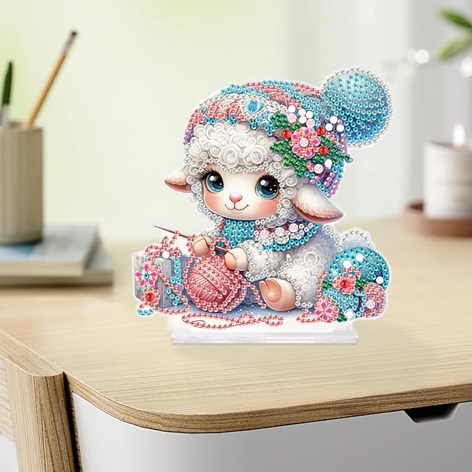 antor DIY Diamond Painting Desktop Ornament Kit, Special Shape Diamond Art Tabletop Decoration, Acrylic Diamond Painting Desk Figurine Decor Crafts Gift, Cute Sheep Knitting