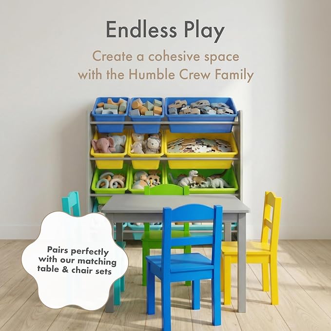Humble Crew Kids Toy Storage Organizer with 12 Plastic Bins, Grey/Blue/Green/Yellow – Removable Bins for Playroom, Bedroom, Toddler Furniture for Boys and Girls Ages
