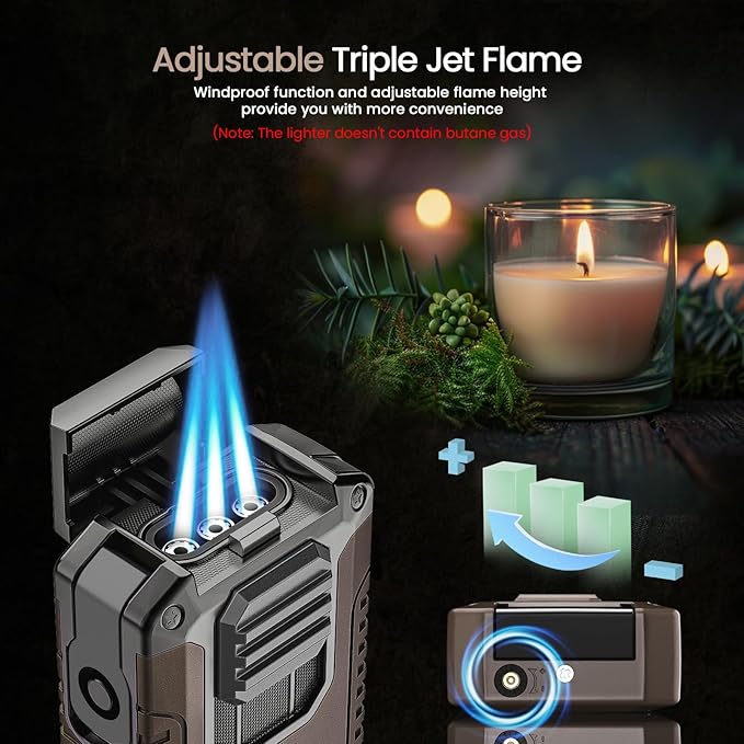 5-in-1 Torch Lighter with Triple Jet Flame, Built-in Tool, Punch, Holder, and Draw Enhancer Tool, Windproof Cool Lighters with Gift Box for Men, Refillable Butane Lighter for Candle, Travel