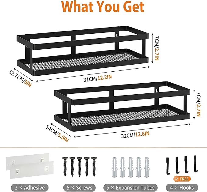 PUSDON Hanging Storage Baskets Organizer Wall Mount, Metal Wire Storage Bin Rack for Kitchen Bathroom Shower Spice Shelf Home Decor Essentials Black-2 Packs(Guardrail)