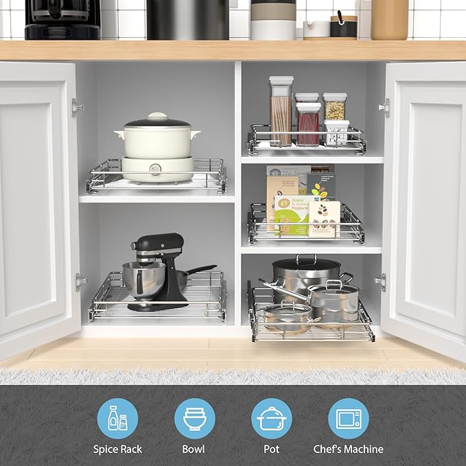 ZOINLIY Pull Out Cabinet Organizer, Versatile Slide Out Kitchen Organizers and Storage,Heavy Duty Drawer Cupboard Storage Basket, Smooth Sliding, Chrome Finish,14.8" W x 21" D