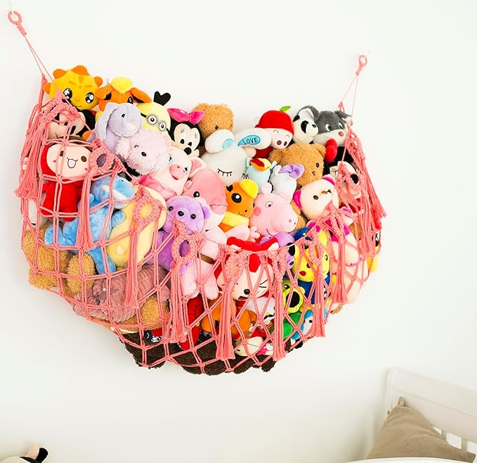 Large Stuffed Animal Net or Hammock for Flat Wall Mounted Handmade Macrame Toy Hammock Plush Display (Pink)