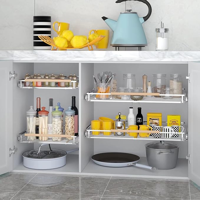 Pull Out Shelves for Kitchen Cabinet, 17.1~28" W x 22.5" D Expandable Slide Out Drawers for Kitchen Organizers and Storage, Pull Out Cabinet Organizer, Stainless Steel, 2Pack