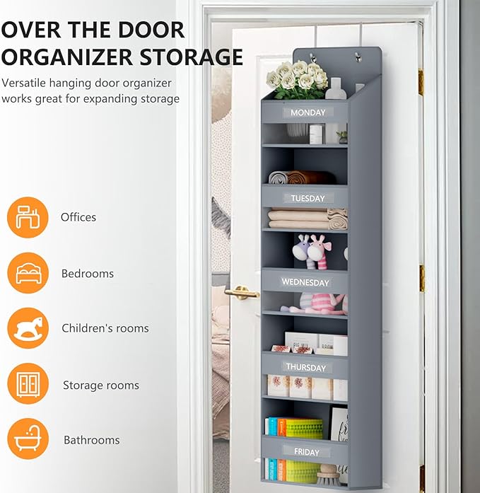 VERONLY Over The Door Organizer Storage, 5 Shelf Hanging Organizer with 4 Large Capacity Pockets, Anti Tilt 44 lb Load Behind Door Organizer for Bedroom, Bathroom, Pantry, Nursery
