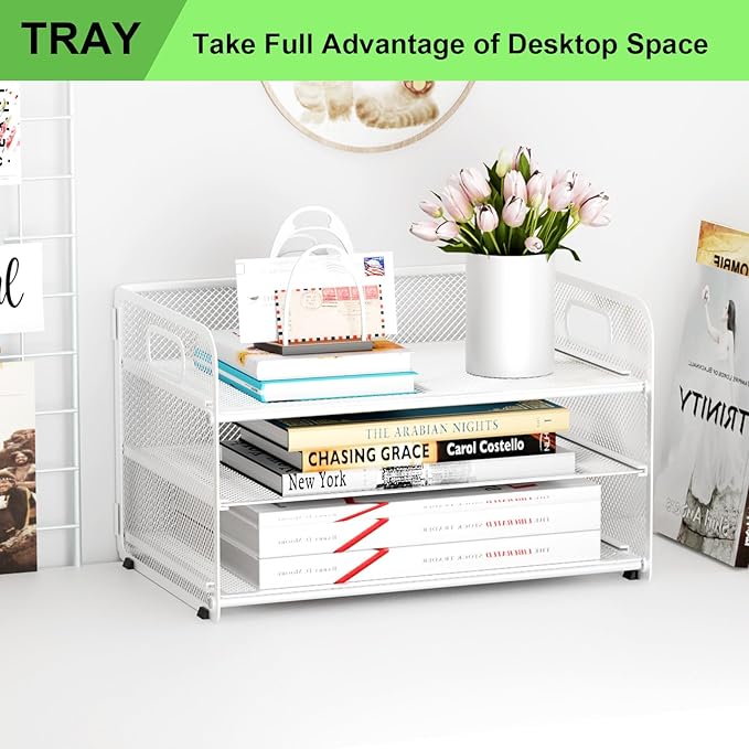 3 Tier Paper Letter Tray Organizer for Desk, Mesh File Folder Document Organizer with Handle for Home Office Supplies Desktop Accessories, White