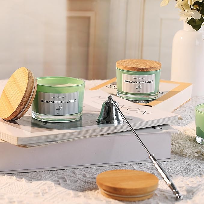 REISEN 12 PCS Green Candle Jars for Making Candles, 4 OZ Glass Jars with Bamboo Lids and Sticky Warning Labels, Candle Containers for DIY Gifts, Candle Making Supplies