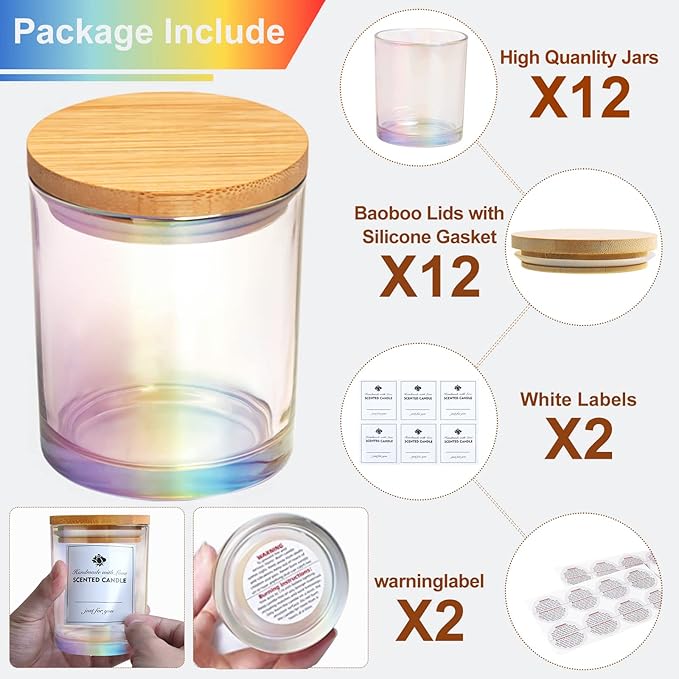 CONNOO 12 Pack 10 OZ Iridescent Glass Candle Jars for Making Candles with Airtight Bamboo Lids Nice Sticky Warning Labels for Candle Making Empty Container Bulk - Dishwasher Safe