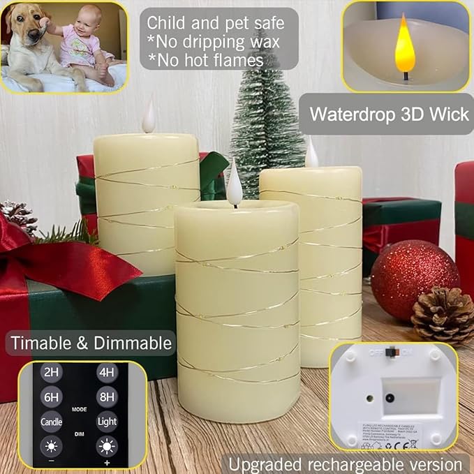 Rechargeable Flameless Candle, Flickering LED Pillar Real Wax Candle with Fairy Lights, Remote Control and Timer, Upgraded Teardrop Wick, Built-in Battery Electronic Candle, Set of 3