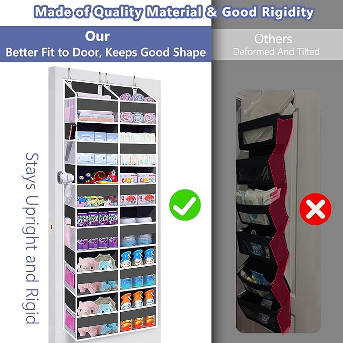 Heavy Duty Over The Door Organizer 6 Tiers, Extra Large Behind Door Storage of 12 Big Front & 12 Mesh Pockets, 80lb Weight Capacity, Hanging Doors Storage for Closet Bedroom Nursery, Gray